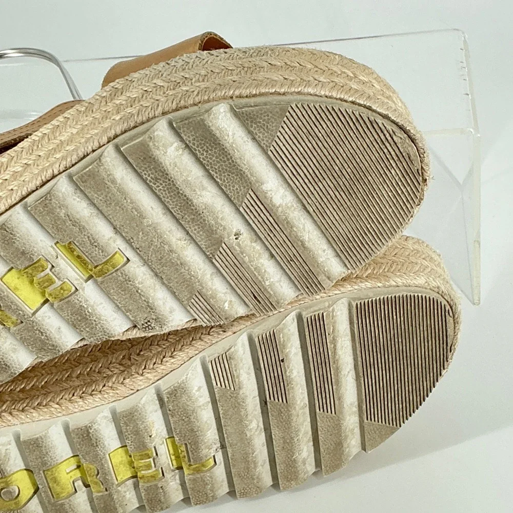 Sorel Womens Size 7 Cameron Flatform‎ Espadrille Tan Leather Platform Sandals